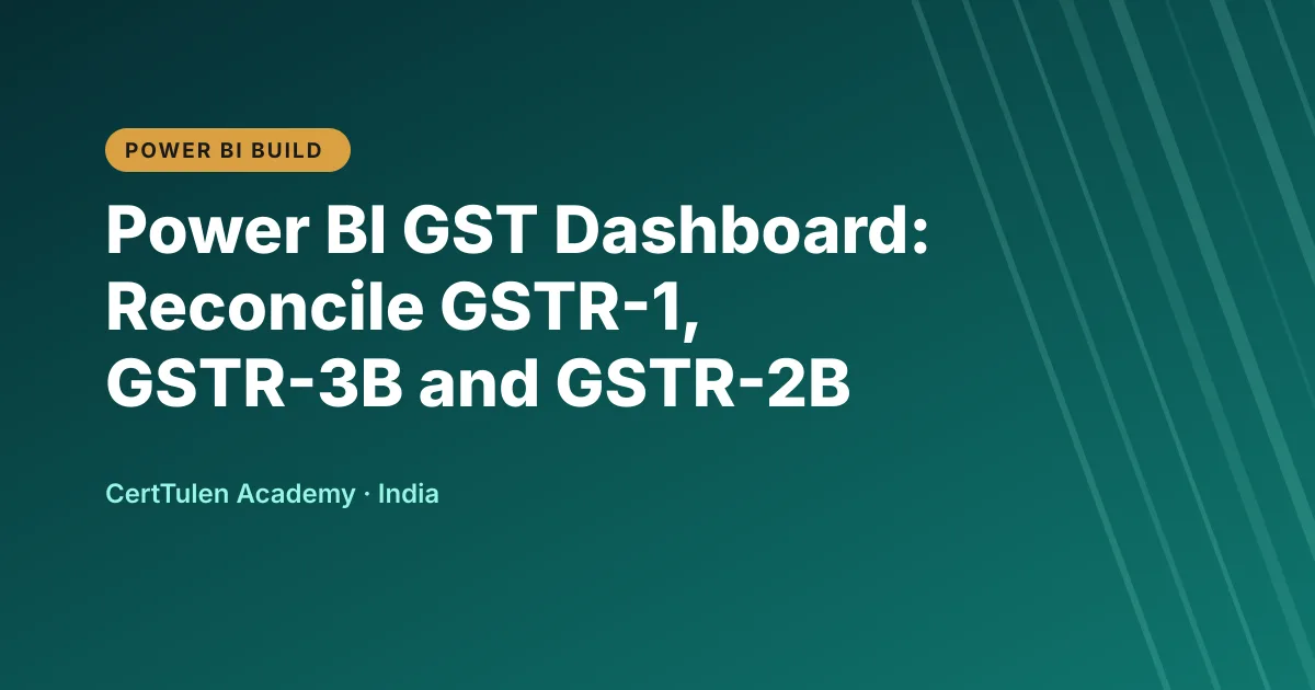 Title text Power BI GST Dashboard: Reconcile GSTR-1, GSTR-3B and GSTR-2B on a CertTulen branded background